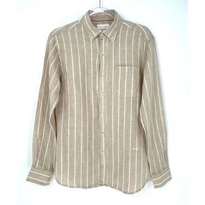 Porter & Ash 100 Linen Mens Button Front Shirt Small Beige Strip Lightweight NWT